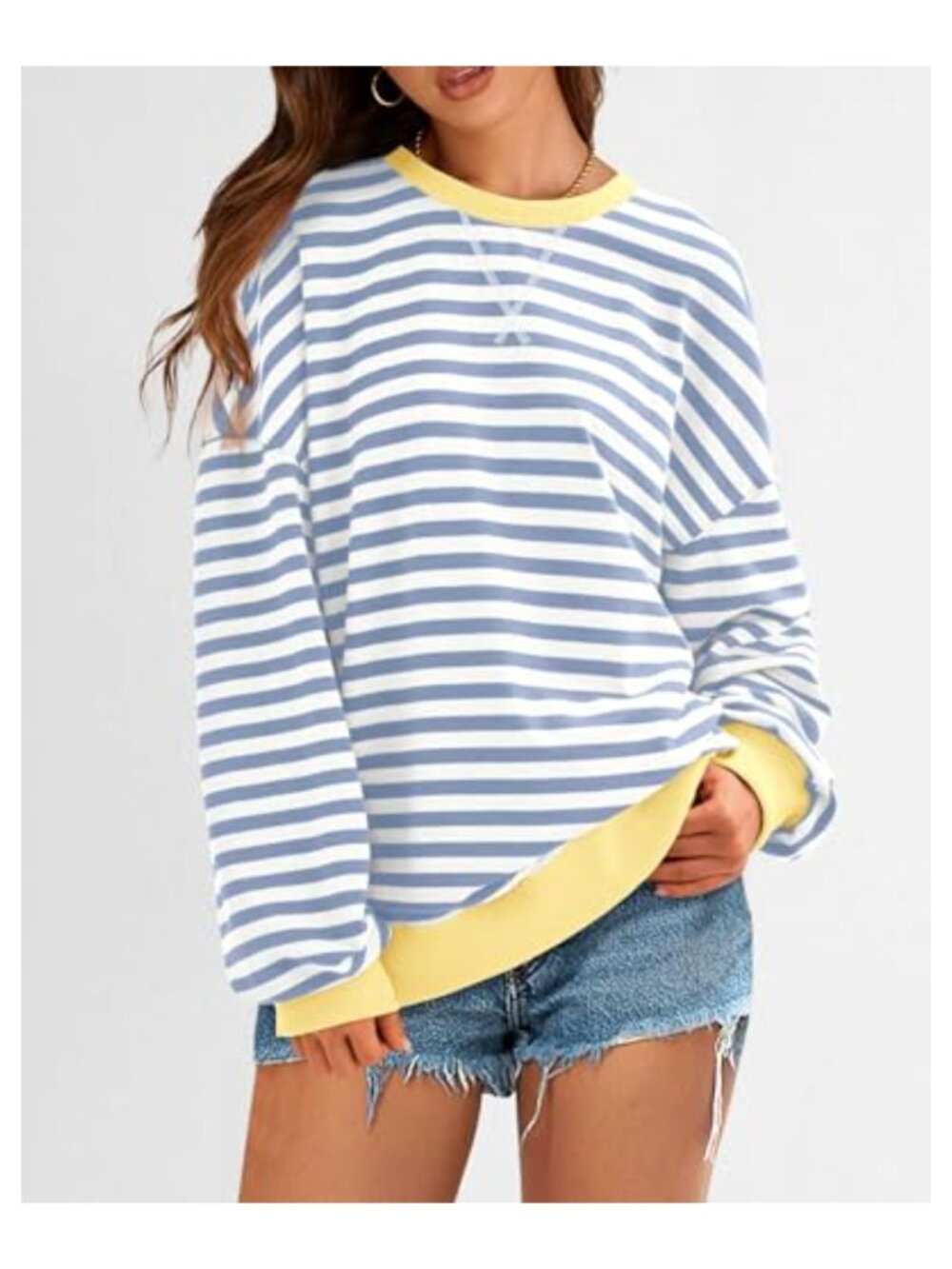 Oversized Striped Crewneck Sweatshirt Long Sleeve Loose Fit Casual Pullover - Picture 3 of 6